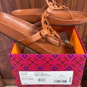 Tory Burch Aged Camello Brown Leather Miller Thong Sandals